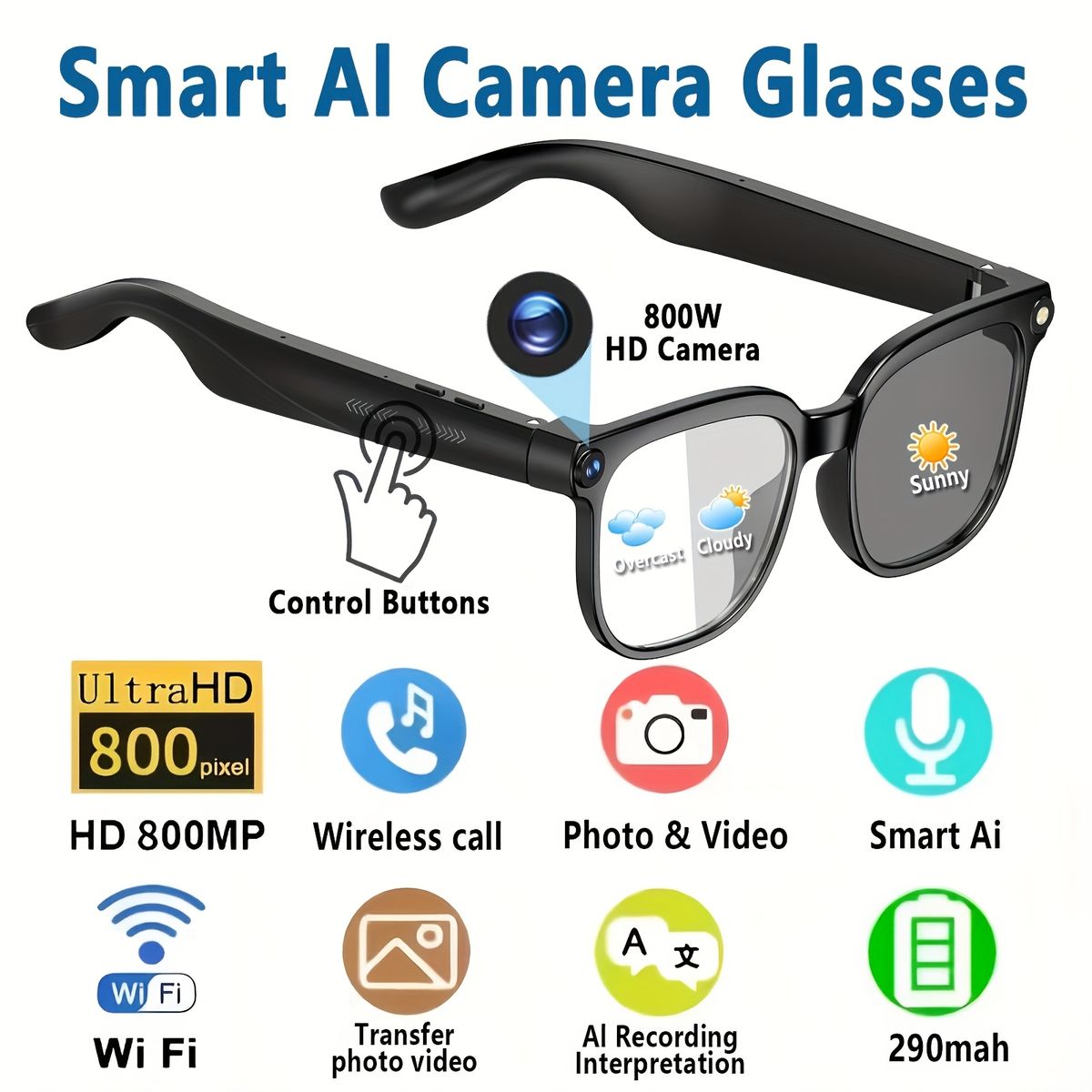 AI Smart Glasses Voice Assistant Photo Video Recording Translation Simultaneous Interpretation Bluetooth Earphones Devices