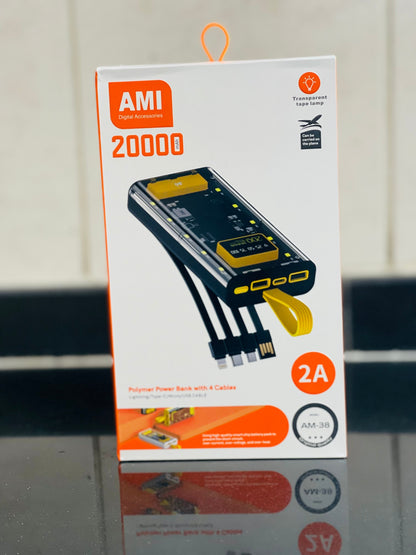Hot Selling AMI Transparent 20000mAh Powerful Power Bank With 4 Cables Portable Power Bank
