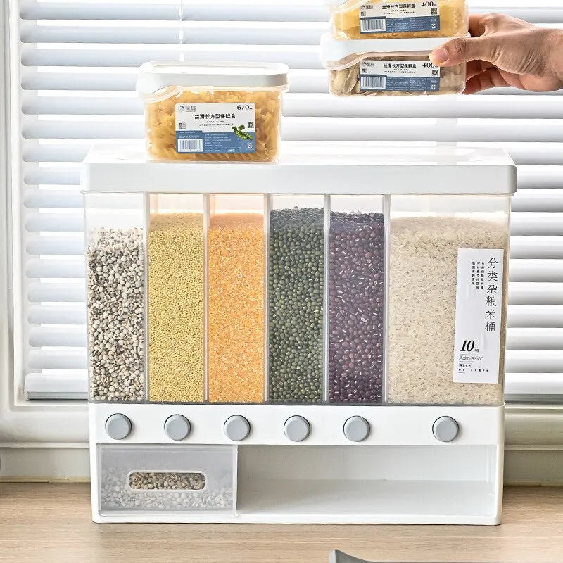 Rice Grain Beans Dispenser 6 Girds Pest-Proof Rack Sealed Food Storage Box for Kitchen and Home Kitchen Dispenser