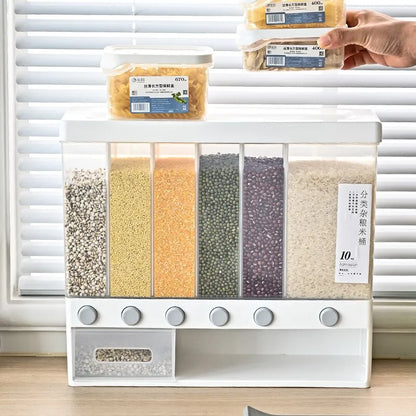 Rice Grain Beans Dispenser 6 Girds Pest-Proof Rack Sealed Food Storage Box for Kitchen and Home Kitchen Dispenser